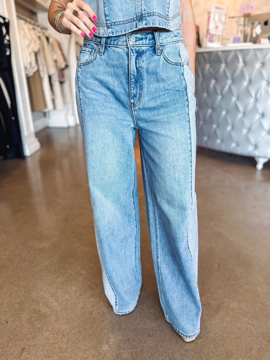 Daze The Wanderer Mid-Rise Palazzo Mixed Denim-- Coast
