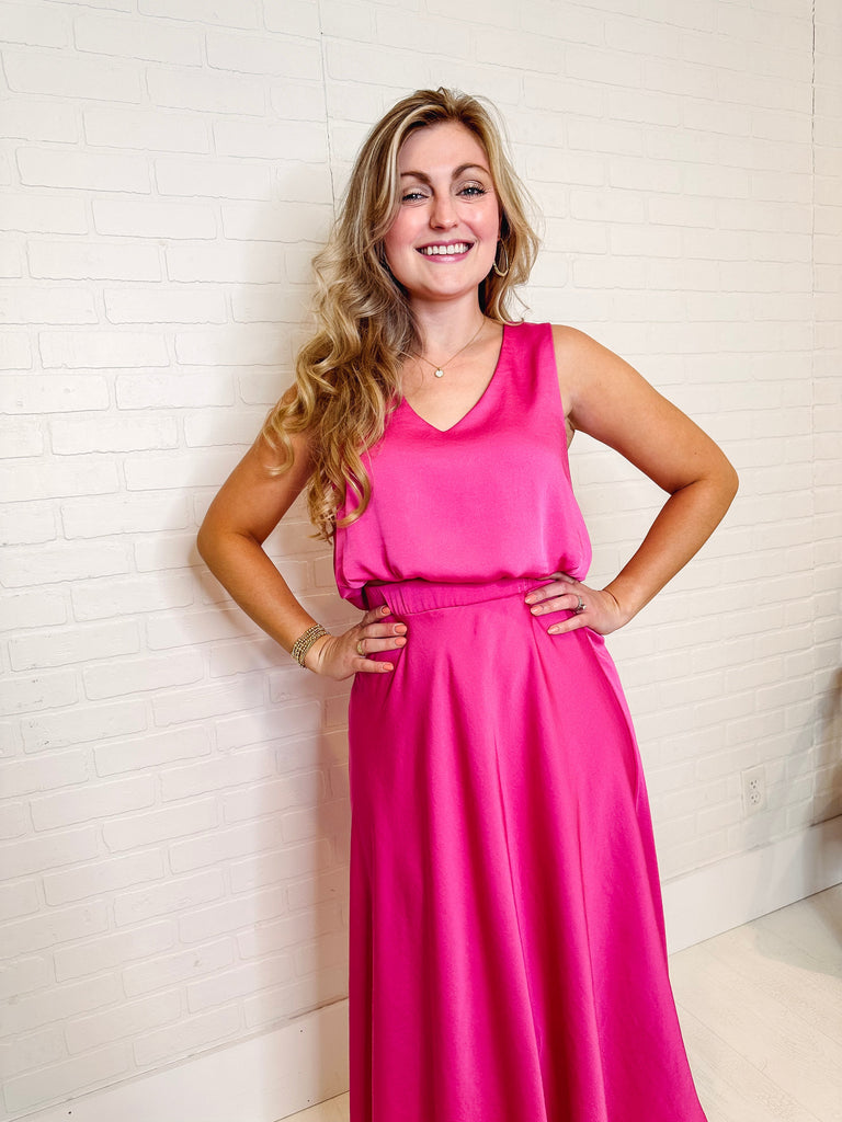 Eccentrics Boutique Two-Piece Set Tickled Pink Silk Midi Skirt + Cropped Tank Two-Piece Set