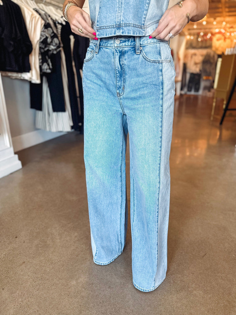 パンツ MAZZ double waist denim Daze The Wanderer Mid-Rise Palazzo Mixed Denim-- Coast