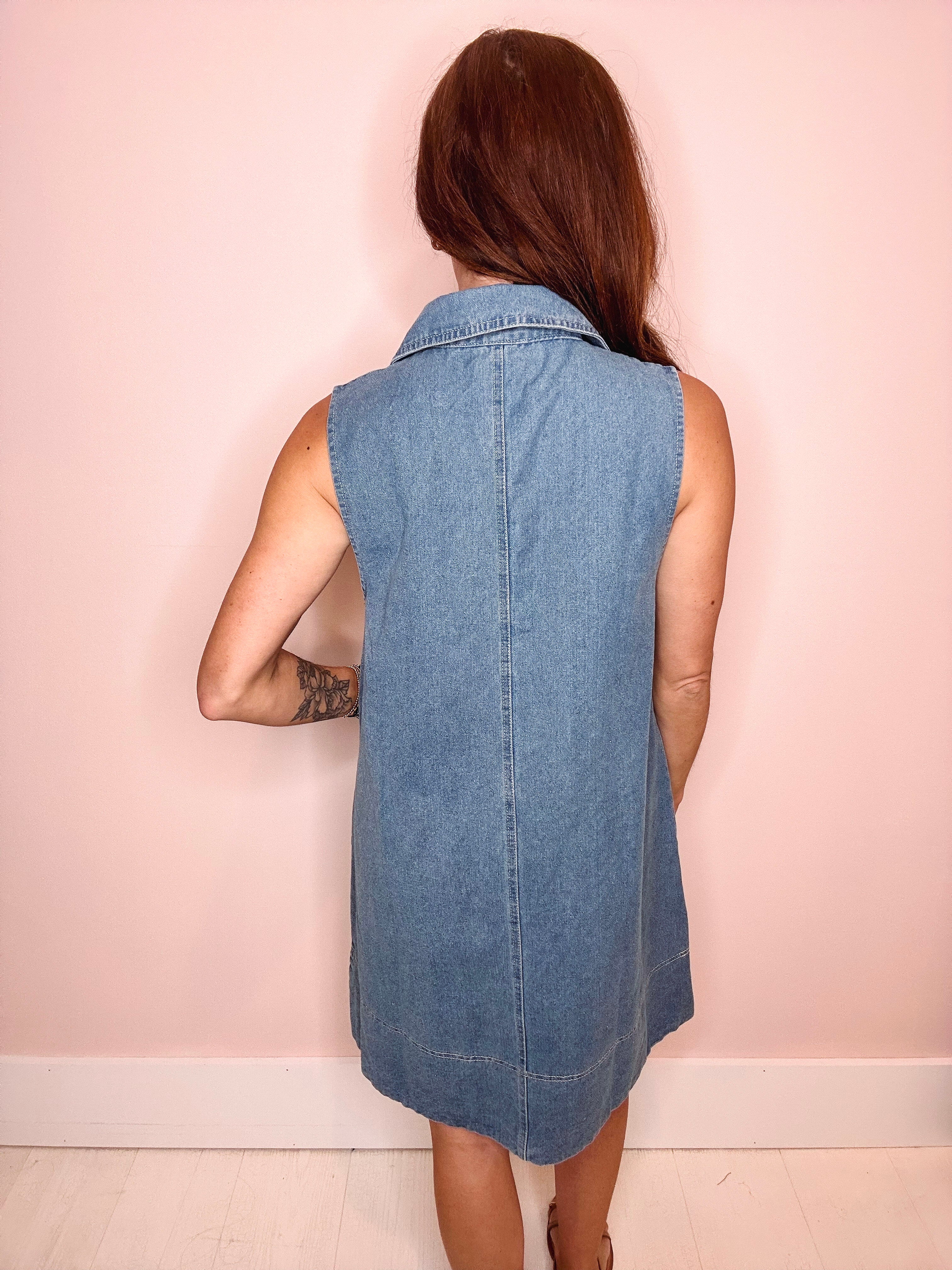 sleeveless denim shift dress Sleeveless Collared Denim Shirt Dress Medium