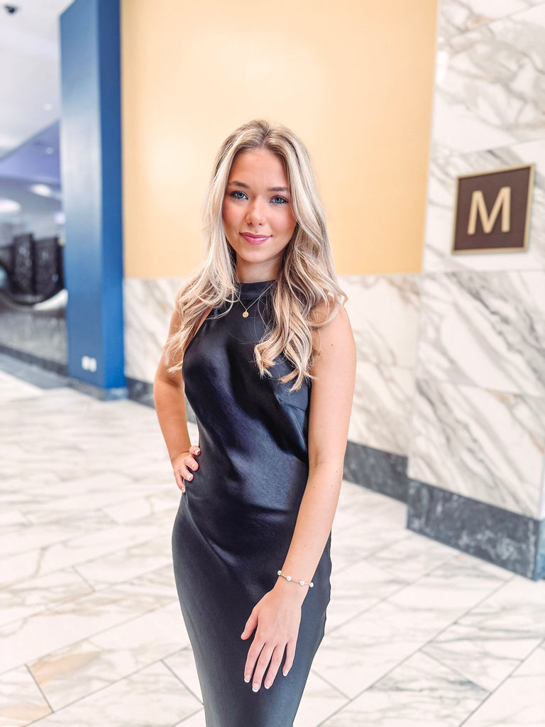 Eccentrics Boutique Dress Athena Halter Neck Open Back Satin Dress-- Black