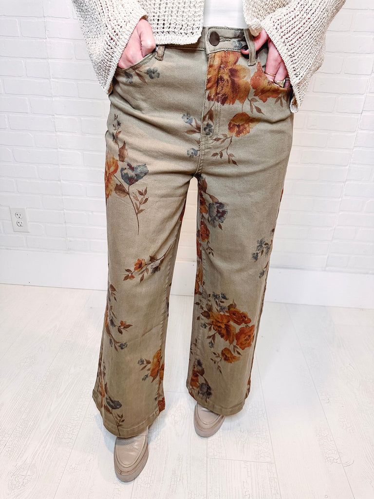 Eccentrics Boutique Denim Belle of the Fall Floral Print Wide Leg Jeans