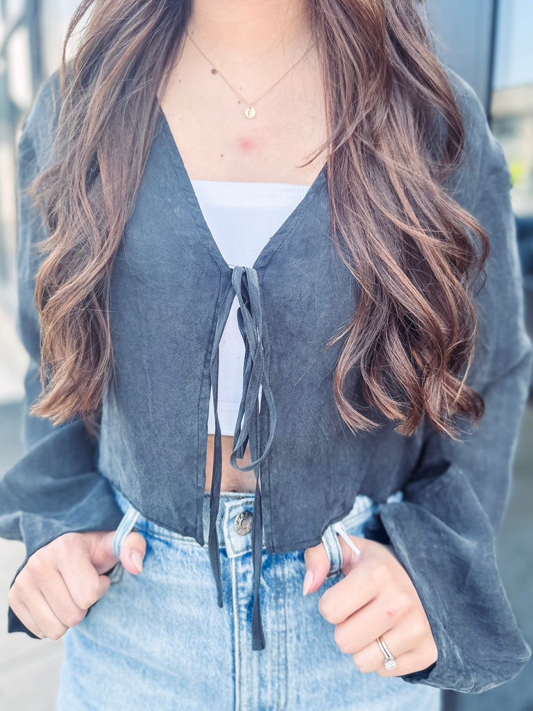 Eccentrics Boutique Shirts & Tops Bless Your Heart Faux Suede Tie Front Top