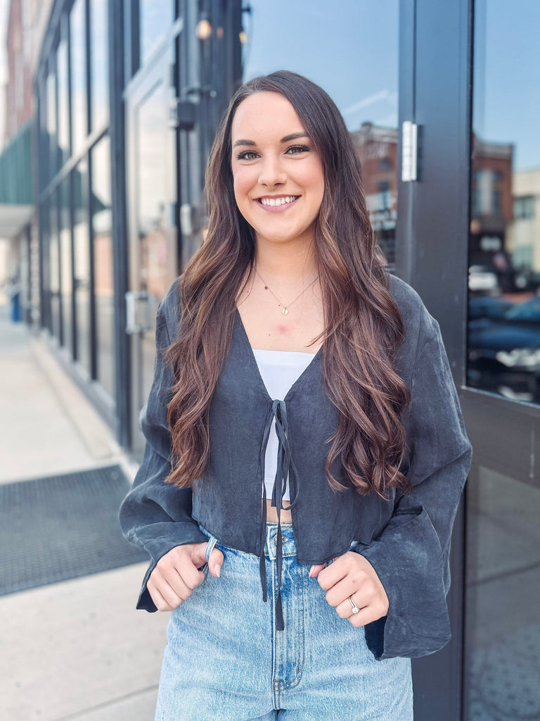 Eccentrics Boutique Shirts & Tops Bless Your Heart Faux Suede Tie Front Top
