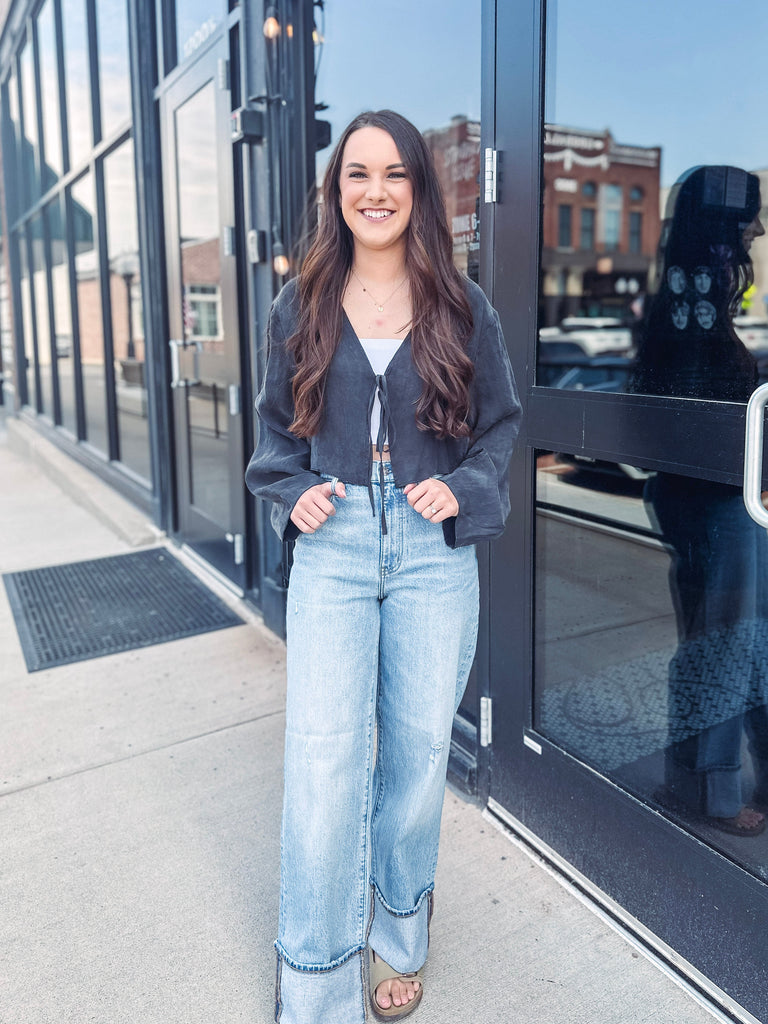 Eccentrics Boutique Shirts & Tops Bless Your Heart Faux Suede Tie Front Top