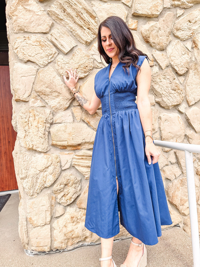 Eccentrics Boutique Dress Blue Skies Ahead Zip-Front Maxi Dress
