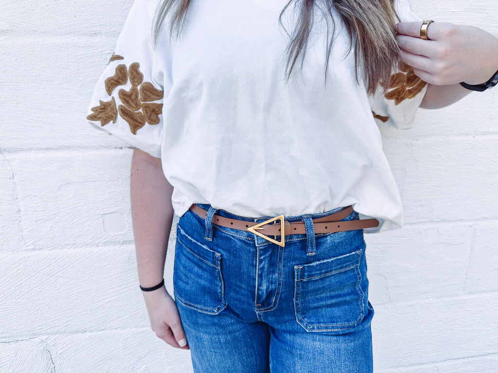 Eccentrics Boutique Belt Brown Faux Leather Skinny Belt with Triangle Buckle