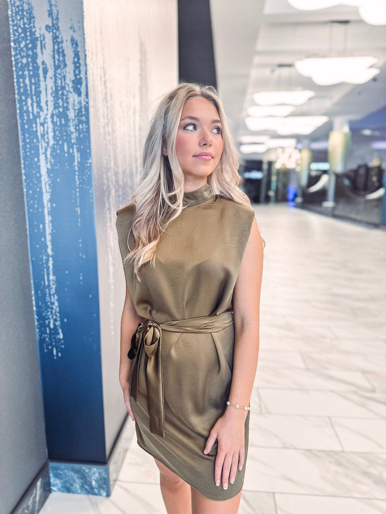 Eccentrics Boutique Dress Calliope Mini Satin Dress with Mock Neckline-- Olive