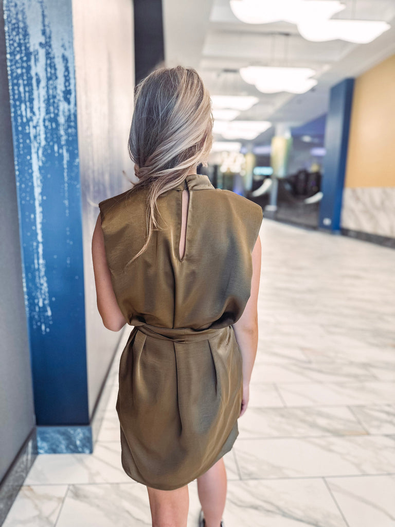 Eccentrics Boutique Dress Calliope Mini Satin Dress with Mock Neckline-- Olive