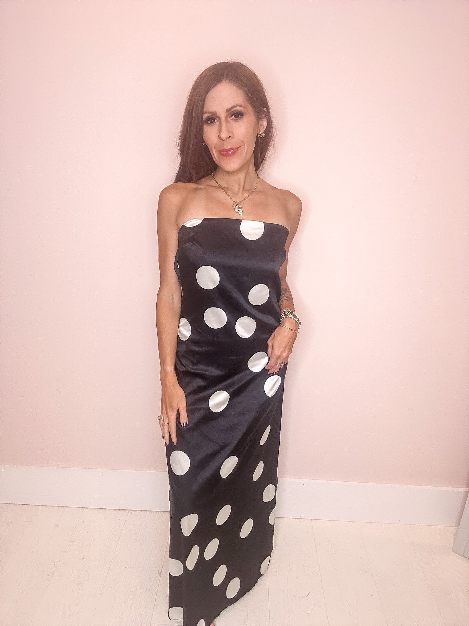 Champagne Pop Polka Dot Satin Maxi Dress Medium / Black