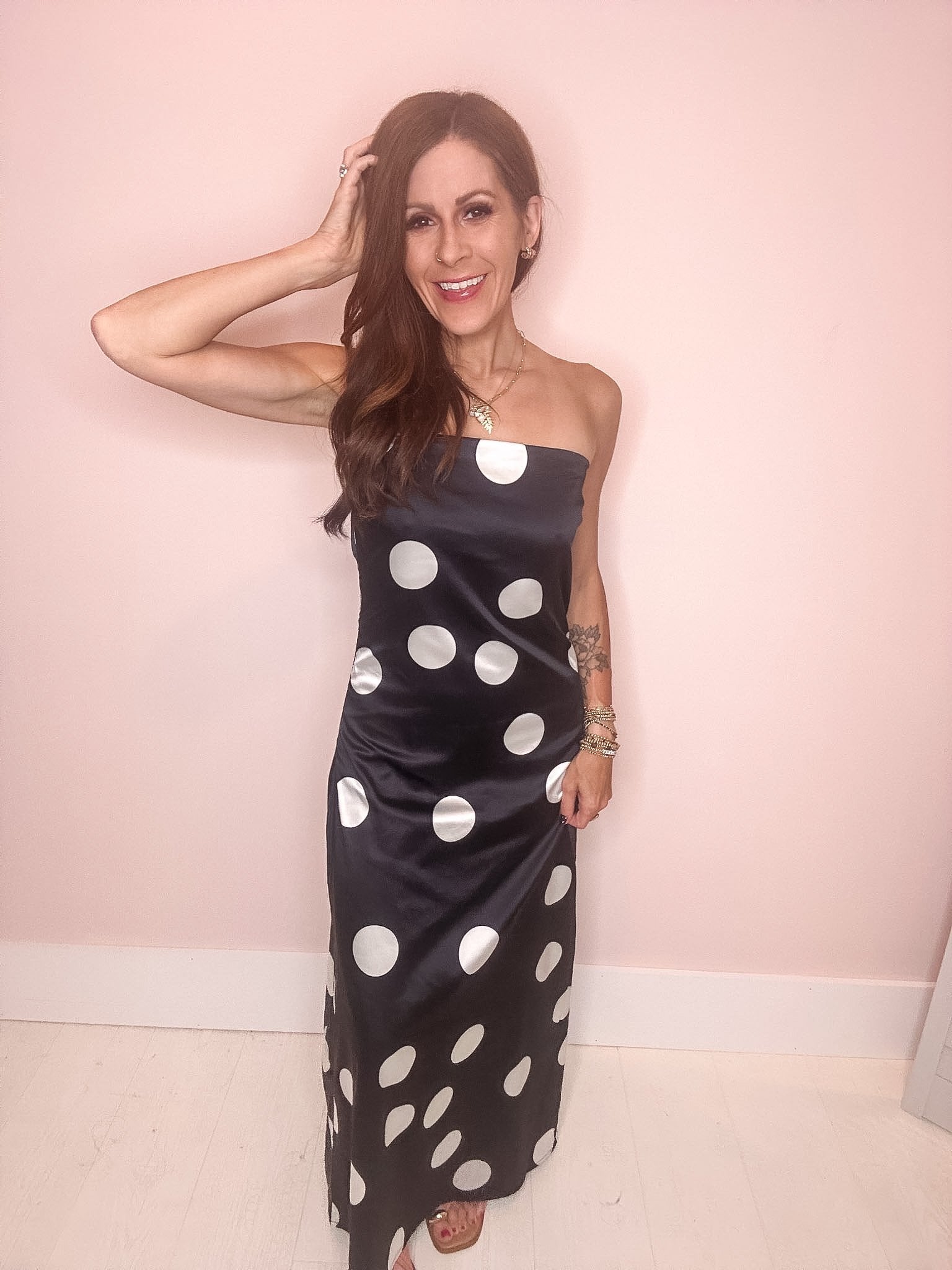 Champagne Pop Polka Dot Satin Maxi Dress Medium / Black