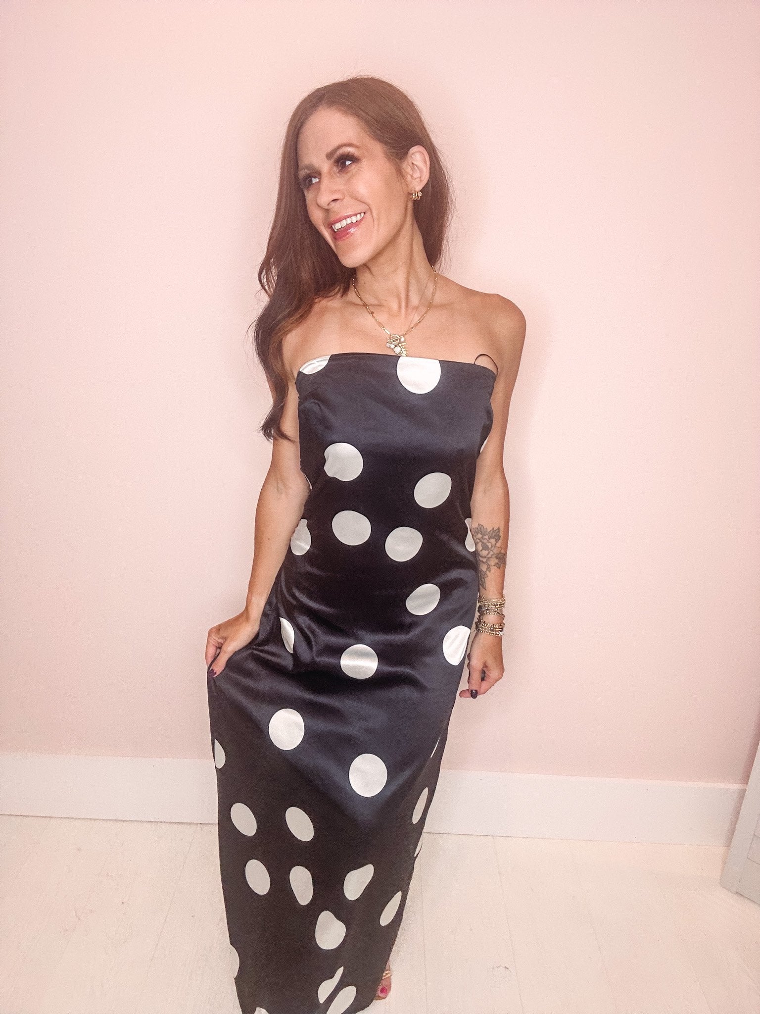 Champagne Pop Polka Dot Satin Maxi Dress Medium / Black