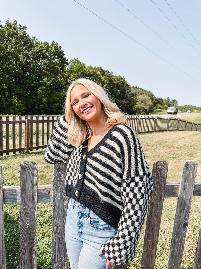 Eccentrics Boutique Sweater Checkerboard Striped Cardi