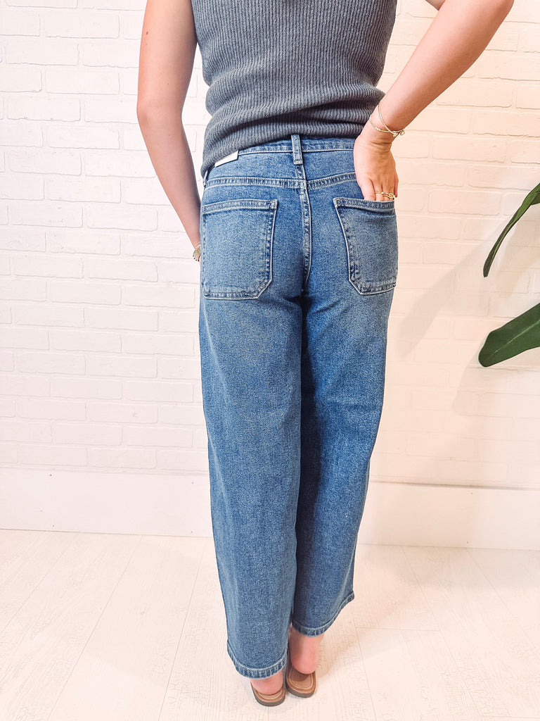 Eccentrics Boutique Denim Christan High Rise Cropped Wide Leg Denim-- Medium Wash