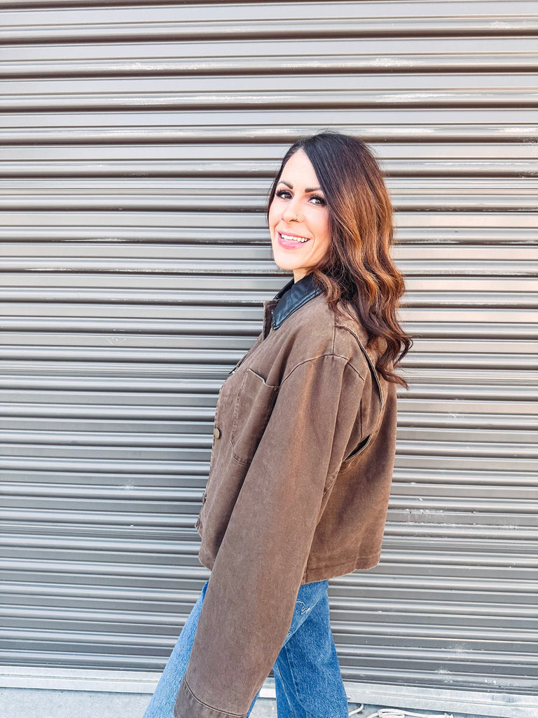 Eccentrics Boutique Jacket Cocoa Cropped Jacket with Leather Trim