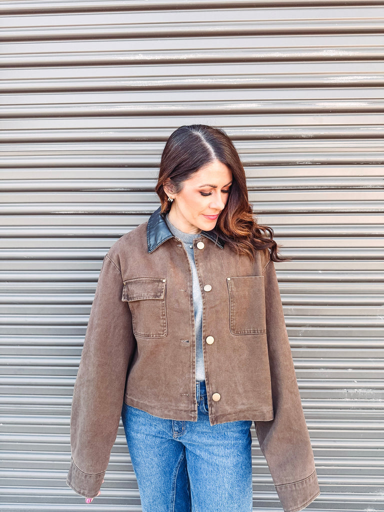 Eccentrics Boutique Jacket Cocoa Cropped Jacket with Leather Trim