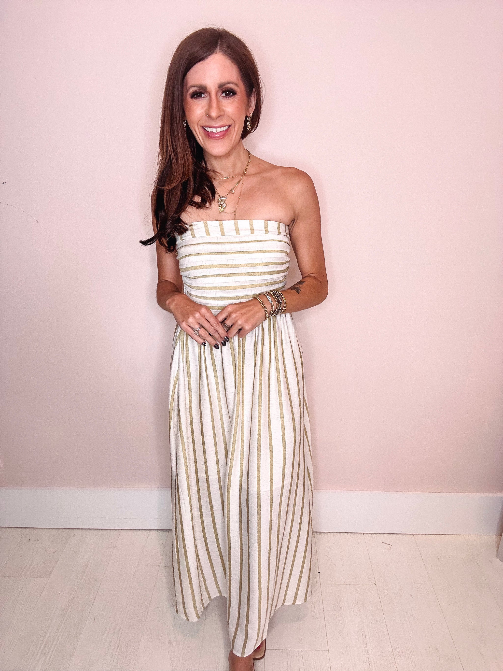 beige strapless midi dress Dahlia Strapless Midi Dress