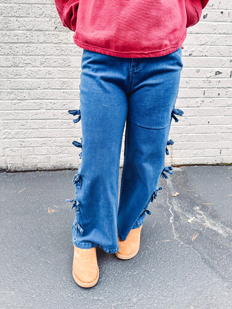 Eccentrics Boutique Denim Dark Denim Wide Leg Jeans with Bow Details