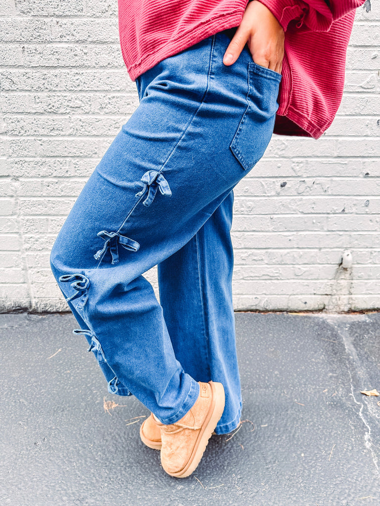 Eccentrics Boutique Denim Dark Denim Wide Leg Jeans with Bow Details