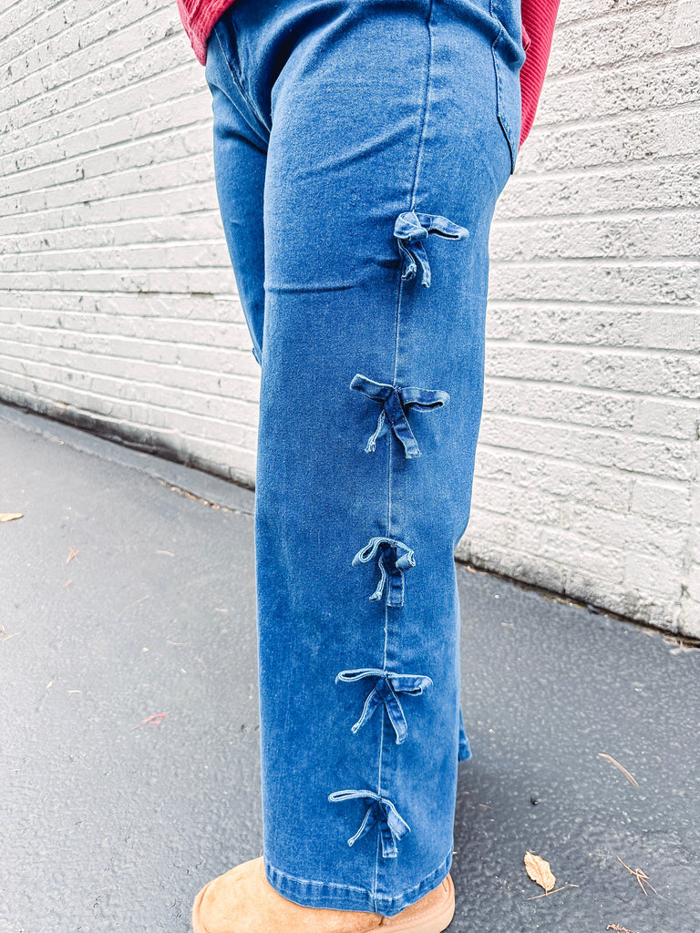 Eccentrics Boutique Denim Dark Denim Wide Leg Jeans with Bow Details