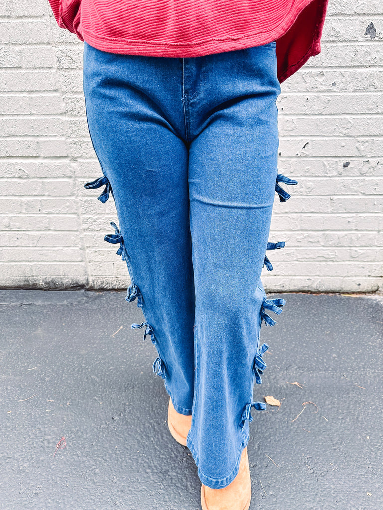 Eccentrics Boutique Denim Dark Denim Wide Leg Jeans with Bow Details