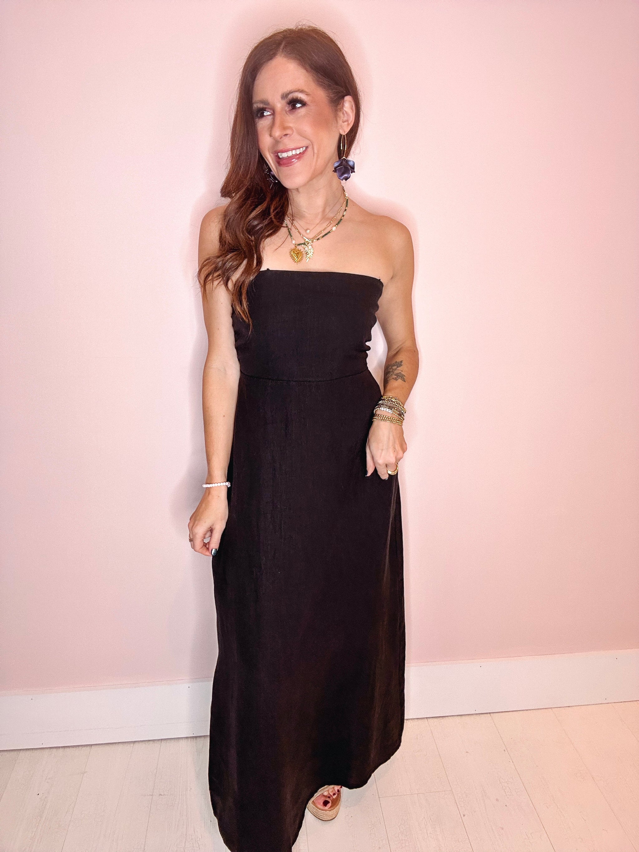 Dusk Wave Strapless Linen Dress Black / Medium / Linen