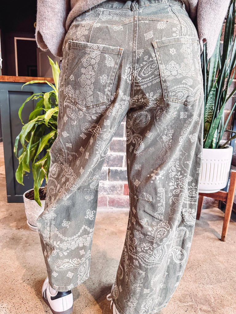 Eccentrics Boutique Denim Dusty Mineral Washed Paisley Print Barrel Jeans