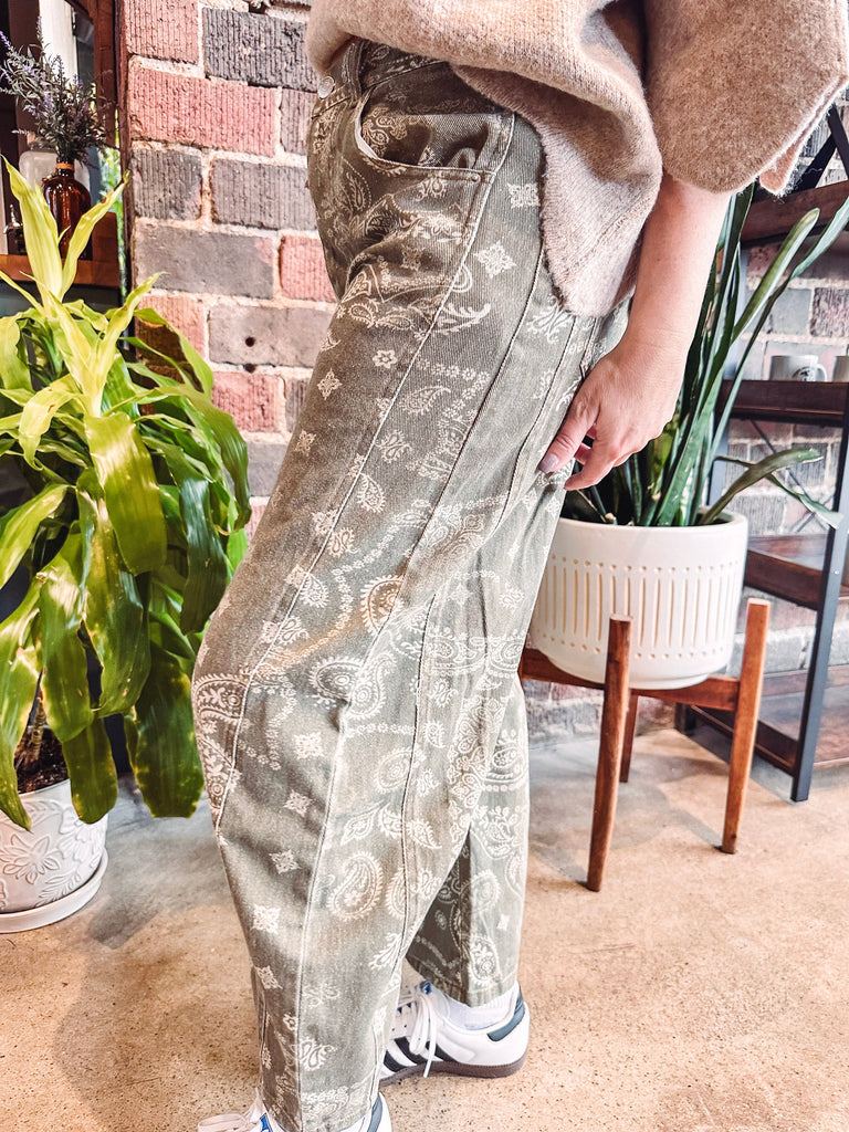 Eccentrics Boutique Denim Dusty Mineral Washed Paisley Print Barrel Jeans