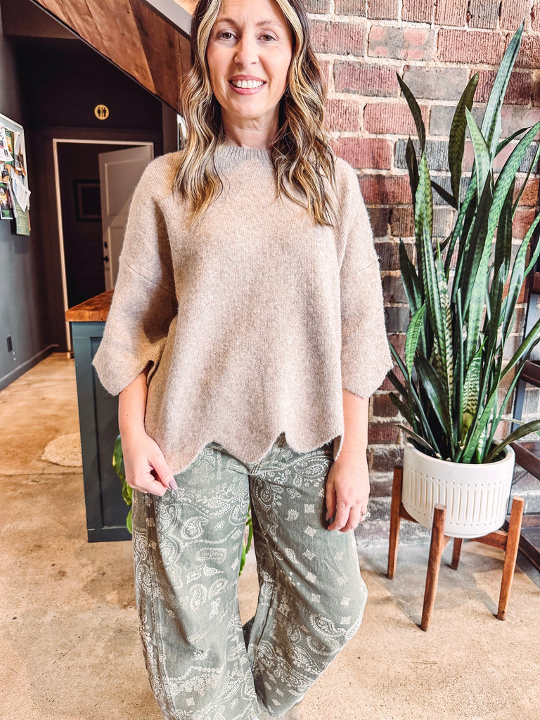 Eccentrics Boutique Denim Dusty Mineral Washed Paisley Print Barrel Jeans