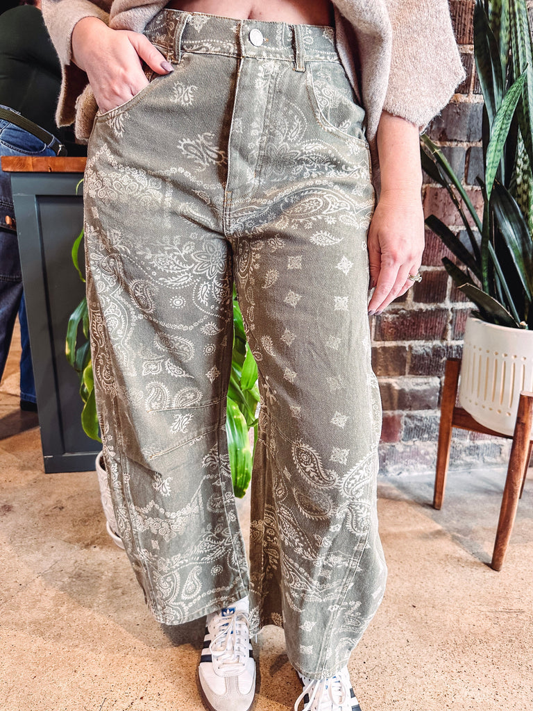 Eccentrics Boutique Denim Dusty Mineral Washed Paisley Print Barrel Jeans