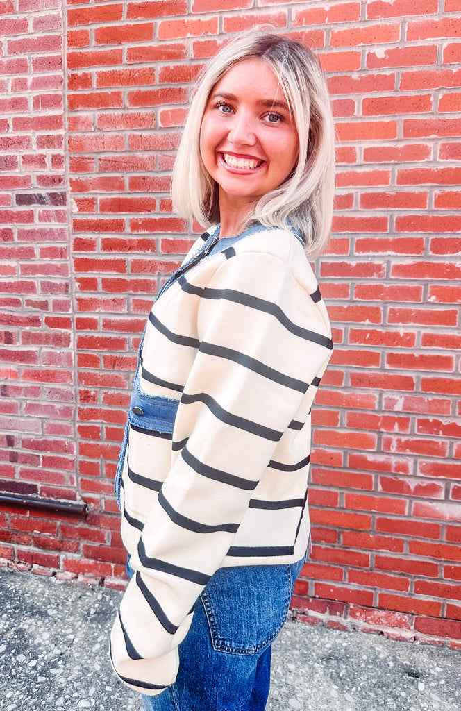 Eccentrics Boutique Cardigan Eden Button Up Denim Detail Sweater Jacket