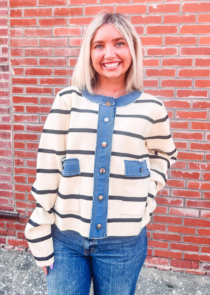 Eccentrics Boutique Cardigan Eden Button Up Denim Detail Sweater Jacket