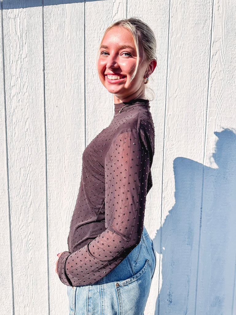 Eccentrics Boutique Top Embellished Mock Neck Long Sleeve Top