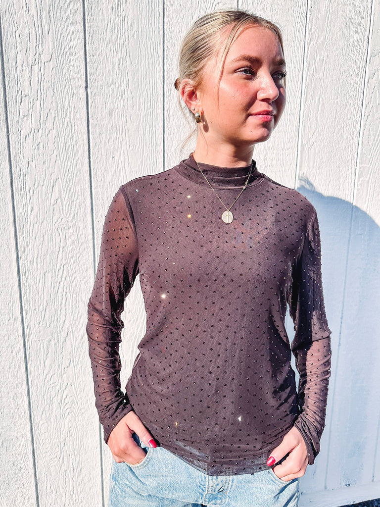 Eccentrics Boutique Top Embellished Mock Neck Long Sleeve Top