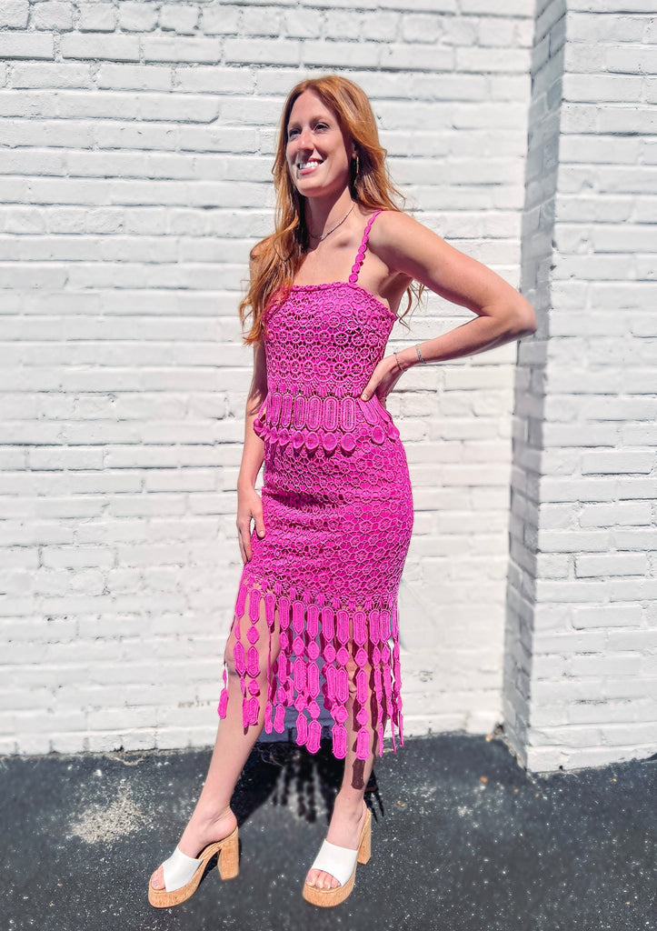 Eccentrics Boutique Two-Piece Set Eternal Sunshine Crochet Two-Piece Midi Skirt + Cami Top Set-- Pink