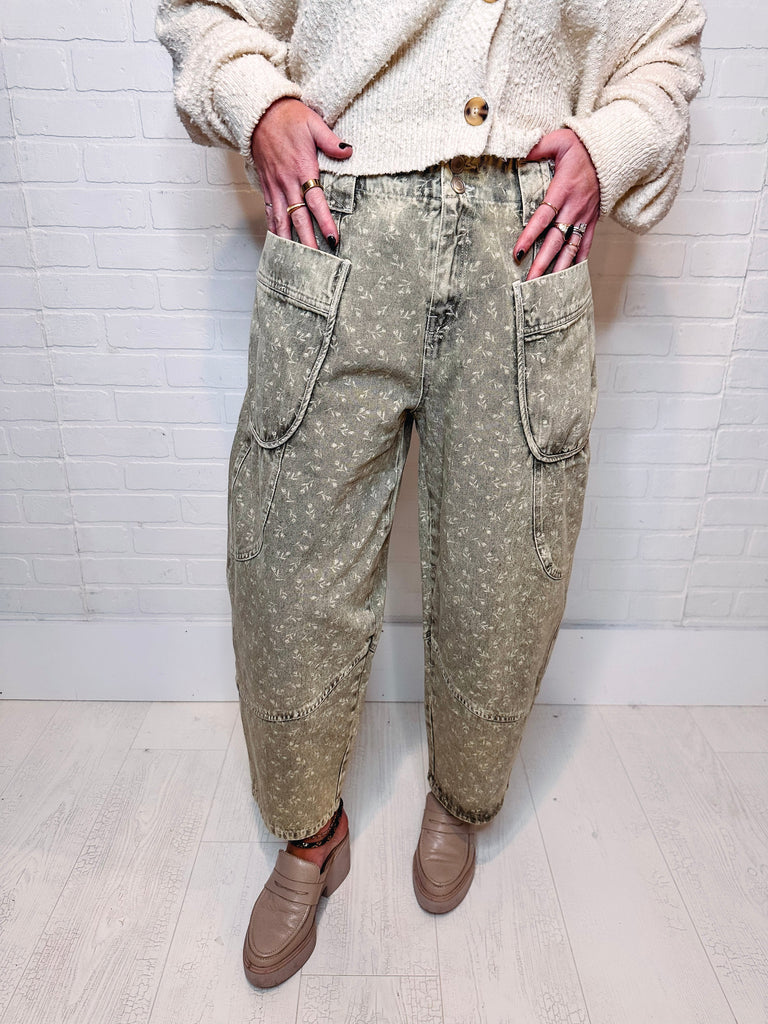 Eccentrics Boutique Denim Faded Olive Floral Print Barrel Jean