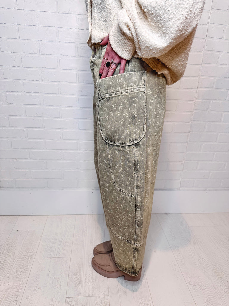Eccentrics Boutique Denim Faded Olive Floral Print Barrel Jean