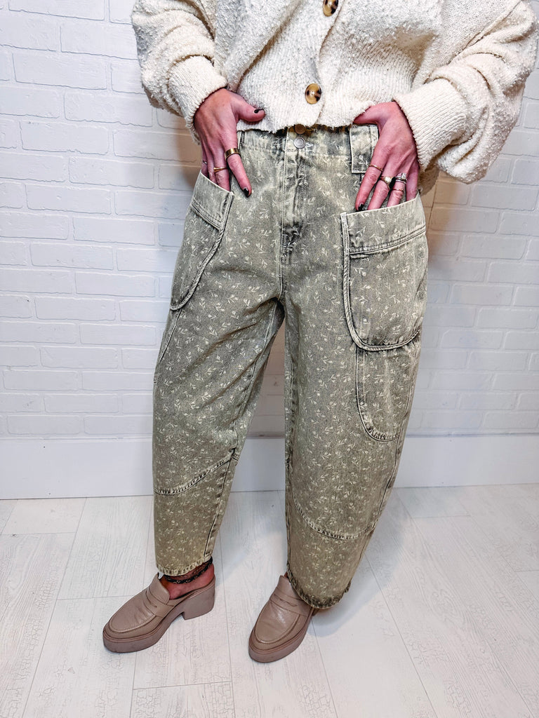 Eccentrics Boutique Denim Faded Olive Floral Print Barrel Jean