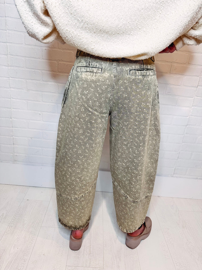 Eccentrics Boutique Denim Faded Olive Floral Print Barrel Jean