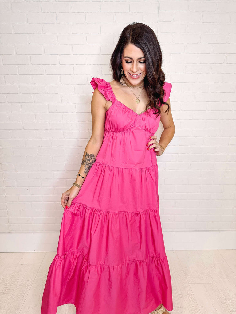 Eccentrics Boutique Dress Flamingo Pink Ruffle Sleeve Maxi Dress