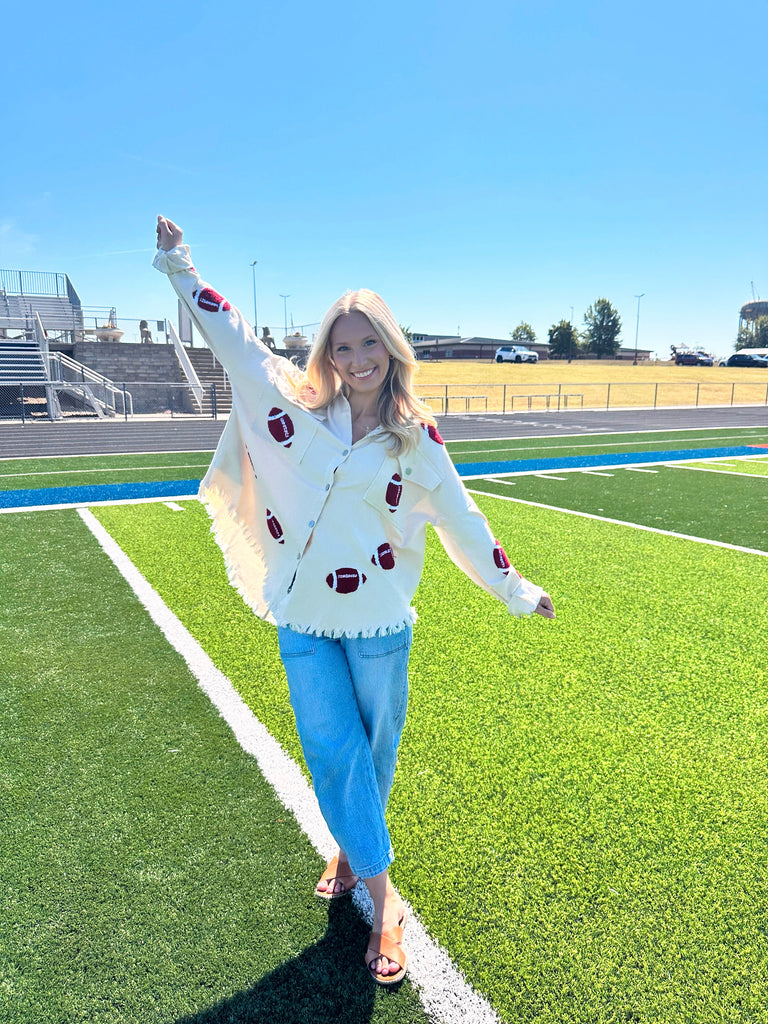 Eccentrics Boutique Jacket Football Patch Frayed Hem Shacket