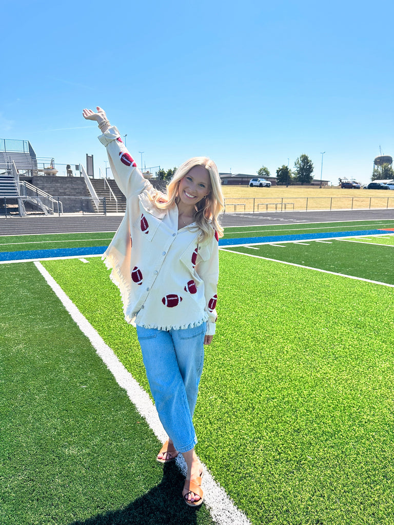 Eccentrics Boutique Jacket Football Patch Frayed Hem Shacket