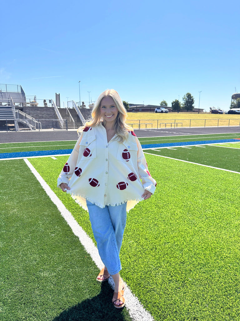 Eccentrics Boutique Jacket Football Patch Frayed Hem Shacket