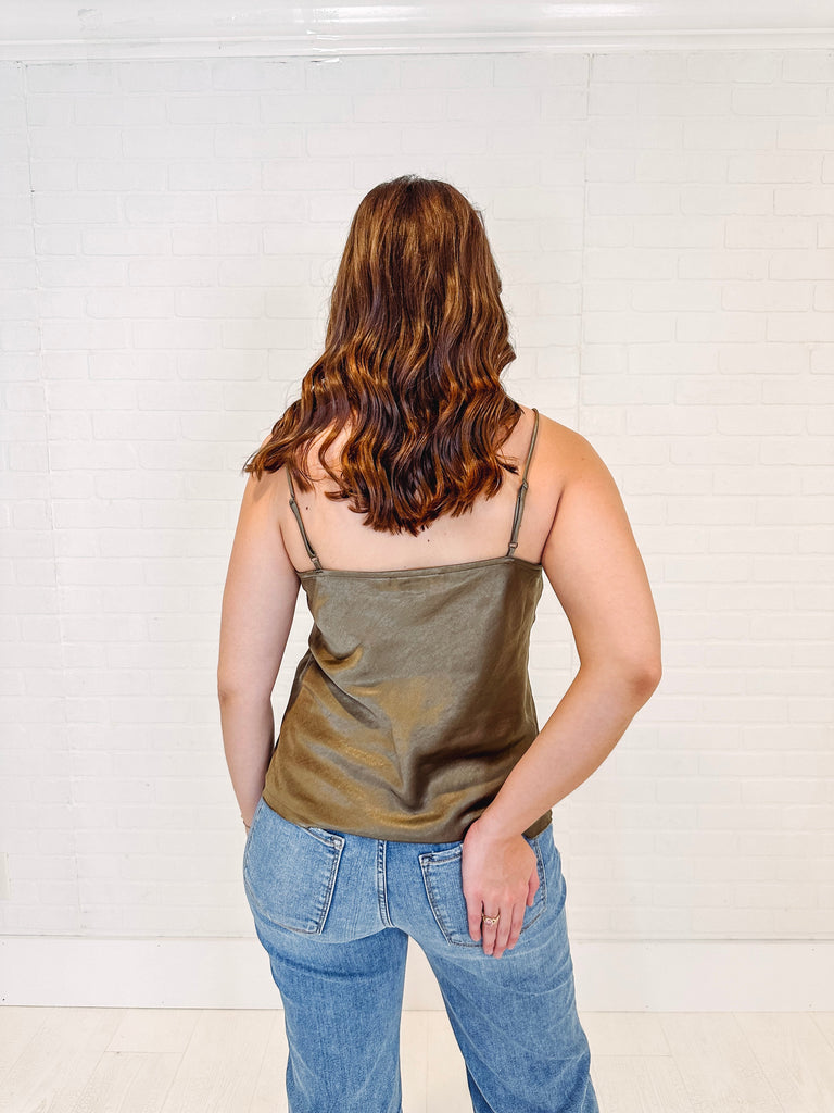 Eccentrics Boutique Tank Glam It Up Satin Camisole-- Olive