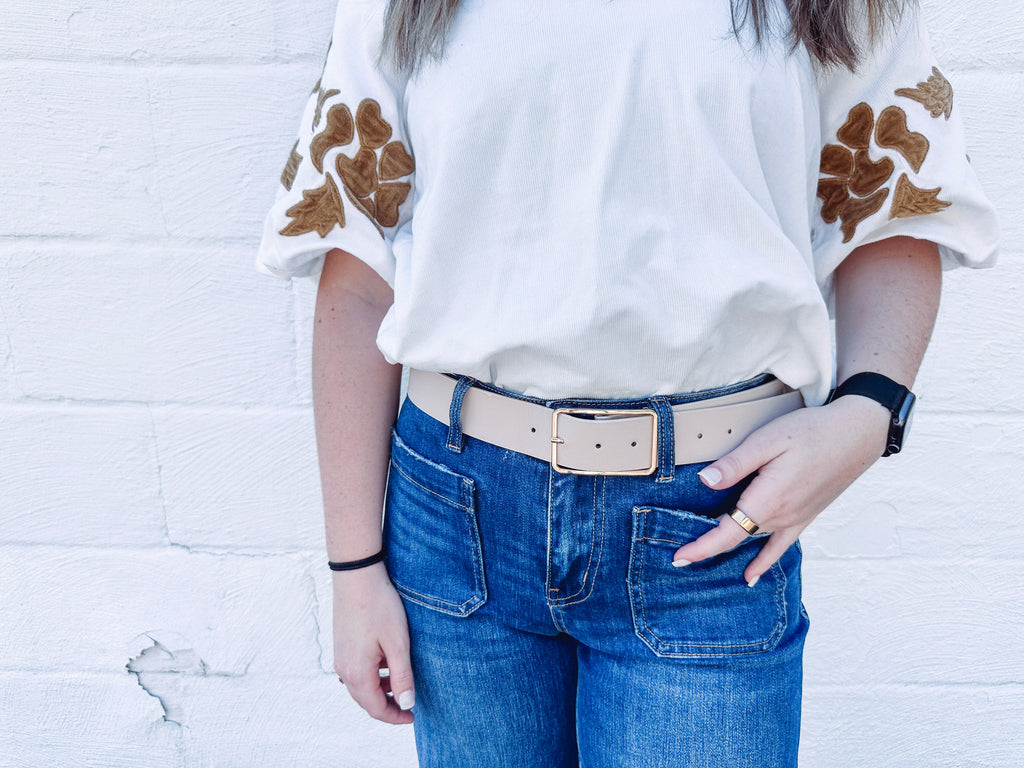 Eccentrics Boutique Belt Ivory Faux Leather Belt with Rectangle Gold Buckle