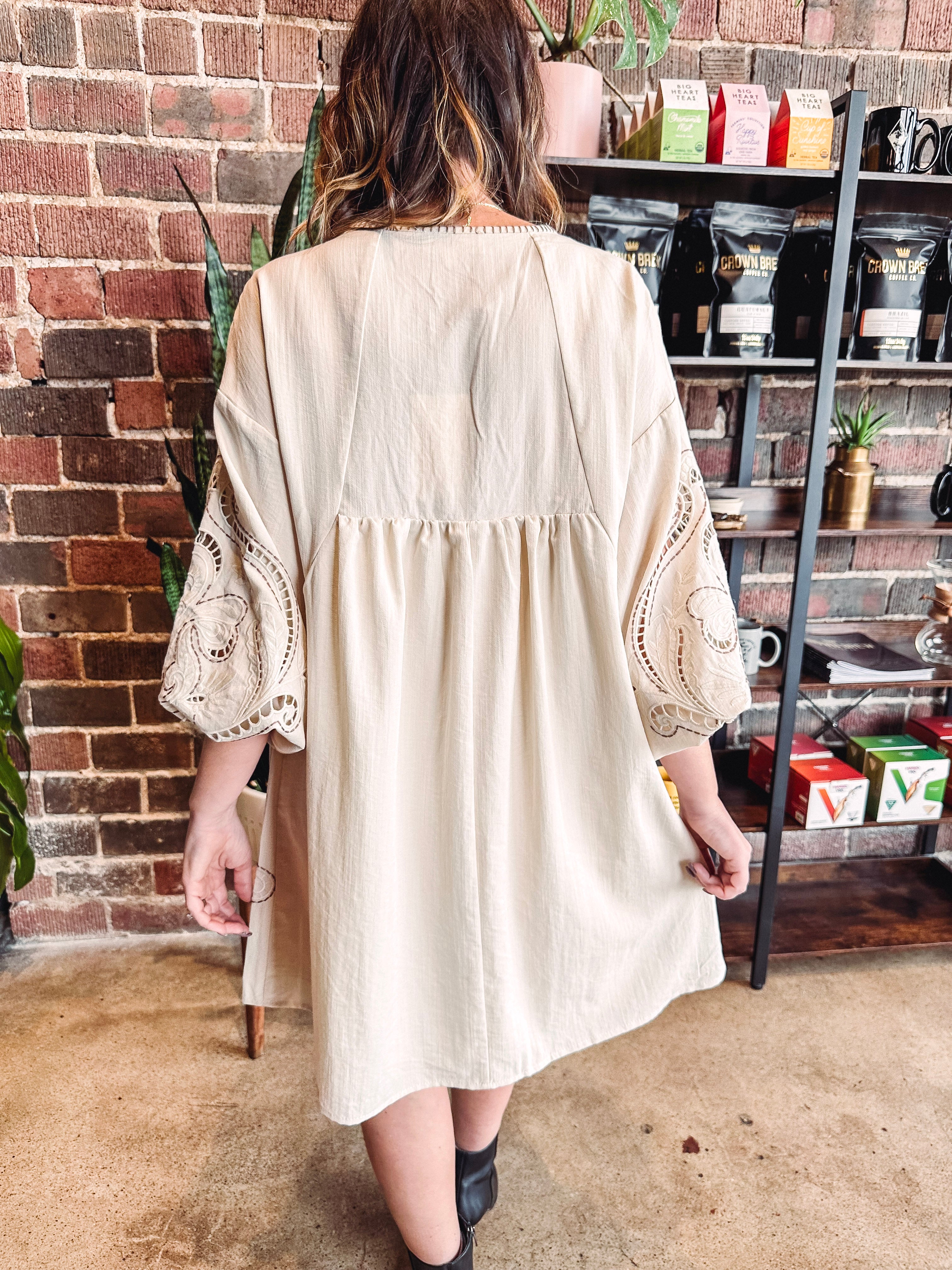 Ivy Floral Detail Empire Waist Dress--Beige Small / Beige Ivy Floral Detail Empire Waist Dress--Beige Small / Beige