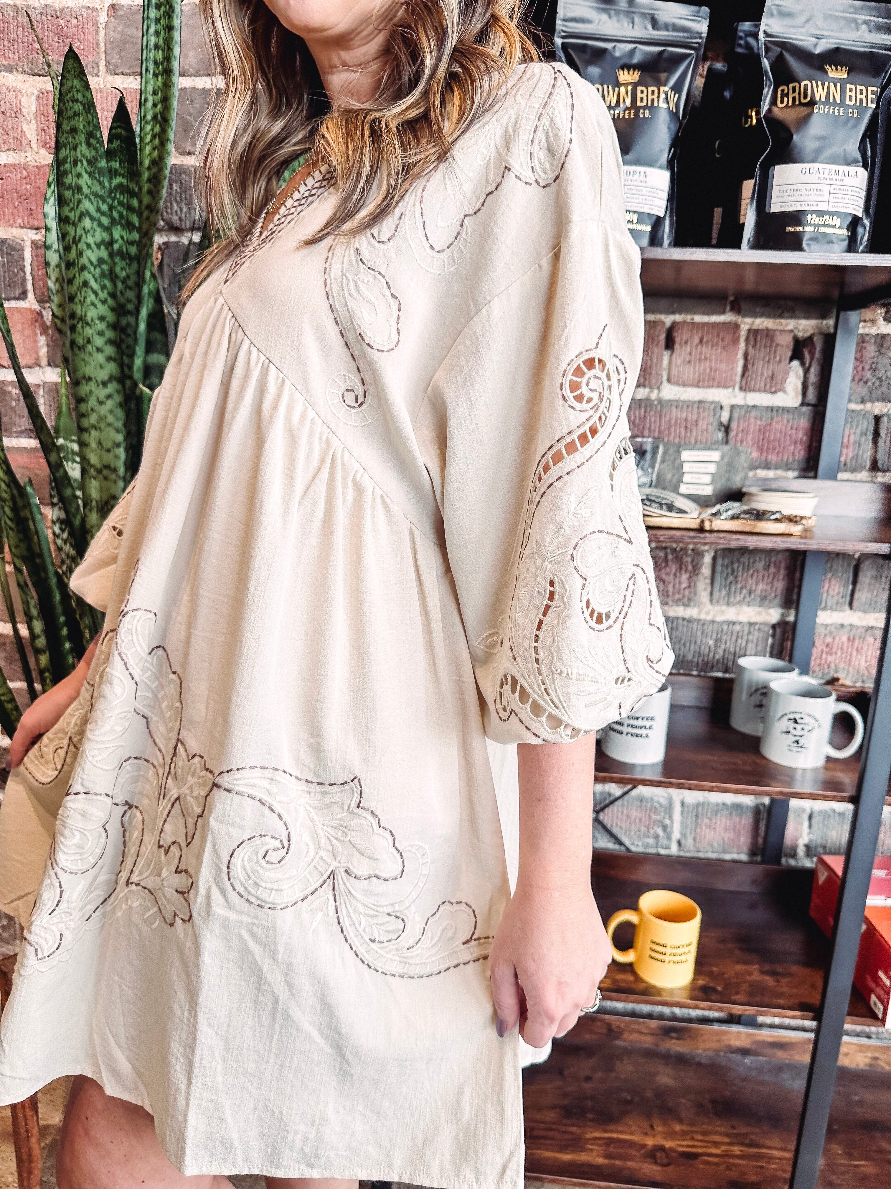 Ivy Floral Detail Empire Waist Dress--Beige Small / Beige Ivy Floral Detail Empire Waist Dress--Beige Small / Beige