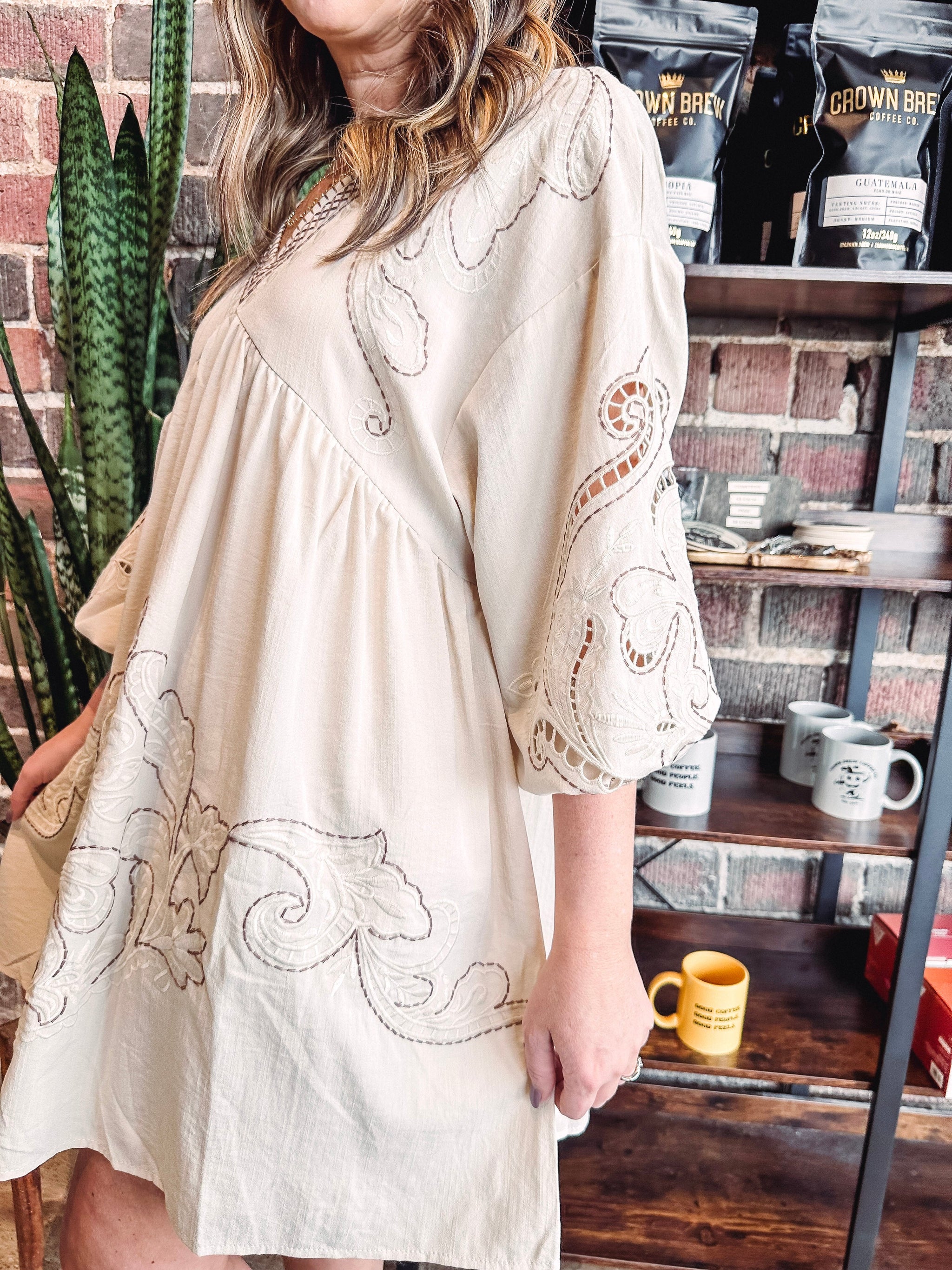 Ivy Floral Detail Empire Waist Dress--Beige Small / Beige Ivy Floral Detail Empire Waist Dress--Beige Small / Beige