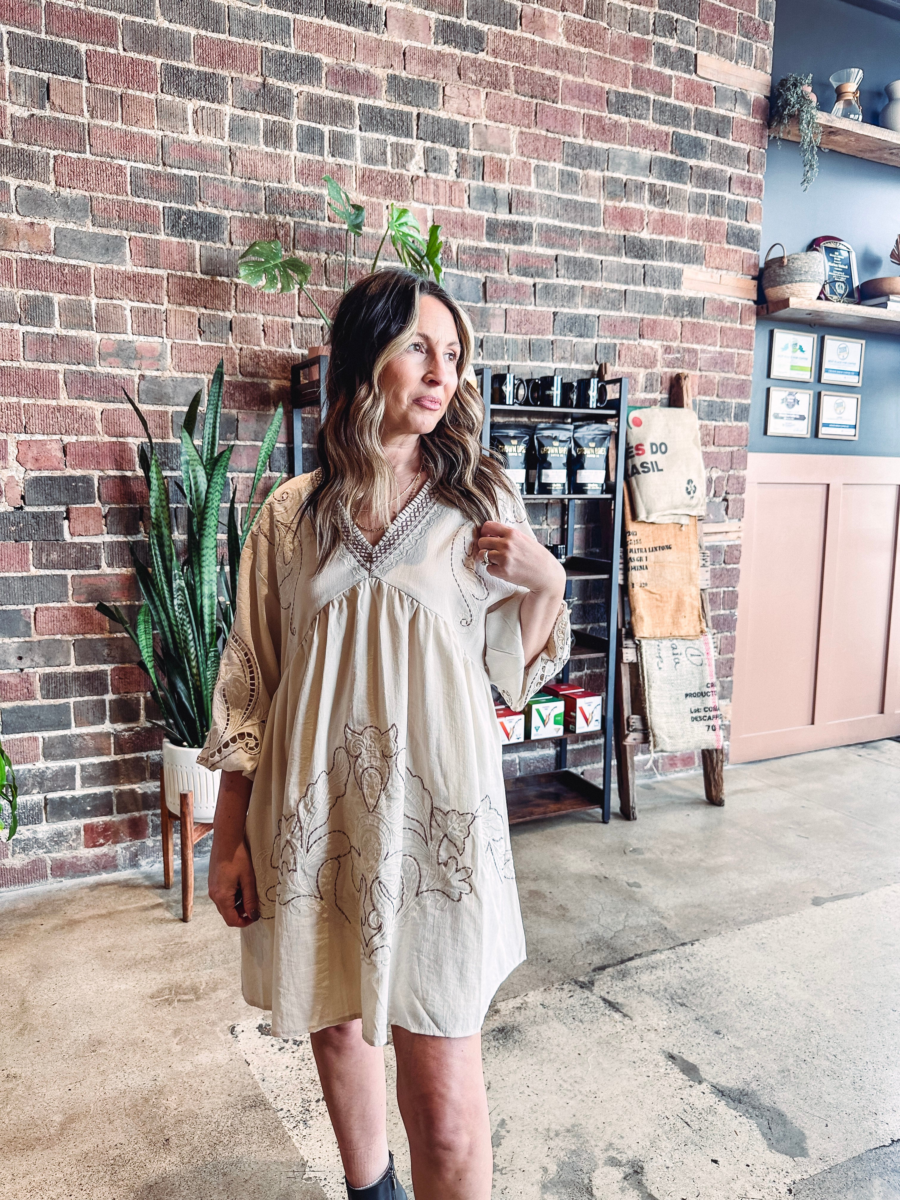 Ivy Floral Detail Empire Waist Dress--Beige Small / Beige Ivy Floral Detail Empire Waist Dress--Beige Small / Beige