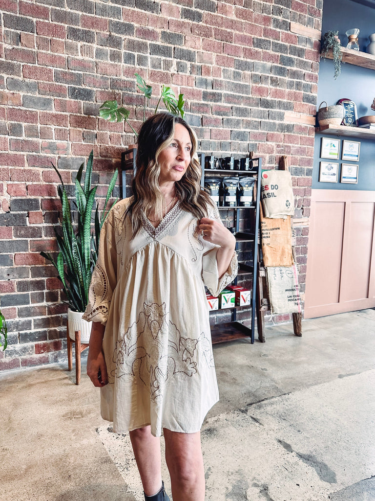 Eccentrics Boutique Dress Ivy Floral Detail Empire Waist Dress--Beige